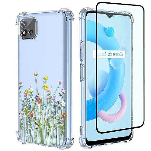 GTBDEKI Phone Case for Realme C20/Realme C20A/Realme C11 2021 Case RMX3063 Case with Screen Protector, Clear Case with Flower Garden Patterns Protective Phone Cover for Oppo Realme C20 Flower Bouquet