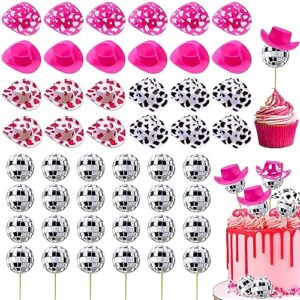 48pcs disco cowgirl cake decoration, 24pcs disco ball cup toppers 24pcs mini pink cowgirl hats cow print cowboy hats westen cowgirl party favor birthday table decor