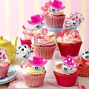 48Pcs Disco Cowgirl Cake Decoration, 24Pcs Disco Ball Cup Toppers 24Pcs Mini Pink Cowgirl Hats Cow Print Cowboy Hats Westen Cowgirl Party Favor Birthday Table Decor