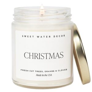 sweet water decor christmas soy candle | apple cider, cinnamon, fresh cut christmas tree scented candles for home | 9oz clear jar + gold lid, 40+ hour burn time, made in the usa