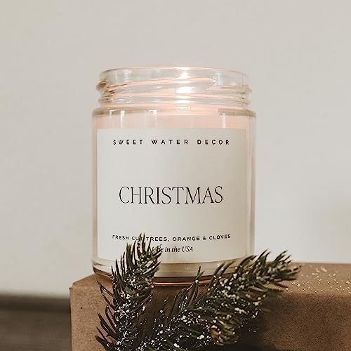 Sweet Water Decor Christmas Soy Candle | Apple Cider, Cinnamon, Fresh Cut Christmas Tree Scented Candles for Home | 9oz Clear Jar + Gold Lid, 40+ Hour Burn Time, Made in the USA