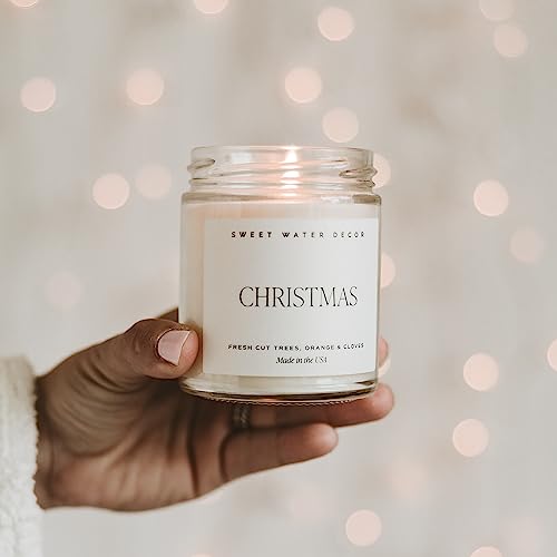 Sweet Water Decor Christmas Soy Candle | Apple Cider, Cinnamon, Fresh Cut Christmas Tree Scented Candles for Home | 9oz Clear Jar + Gold Lid, 40+ Hour Burn Time, Made in the USA