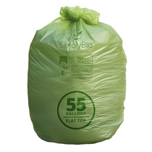 simply bio 55 gallon compostable trash bag with flat top, heavy duty extra thick 1.57 mil, 12 count, 208.2 liter, large lawn yard waste bag, astm d6400, us bpi and europe ok compost certified