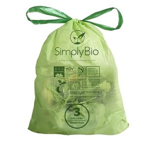 simply bio 3 gallon compostable trash bag with drawstring, heavy duty extra thick 1 mil, 50 count, 11.36 liter, small kitchen food scrap trash bags, astm d6400, us bpi and europe ok compost certified