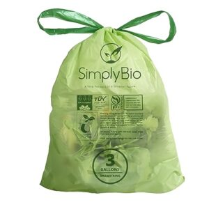 Simply Bio 3 Gallon Compostable Trash Bag with Drawstring, Heavy Duty Extra Thick 1 Mil, 50 Count, 11.36 Liter, Small Kitchen Food Scrap Trash Bags, ASTM D6400, US BPI and Europe OK Compost Certified