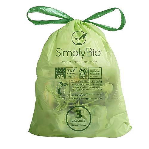 Simply Bio 3 Gallon Compostable Trash Bag with Drawstring, Heavy Duty Extra Thick 1 Mil, 50 Count, 11.36 Liter, Small Kitchen Food Scrap Trash Bags, ASTM D6400, US BPI and Europe OK Compost Certified