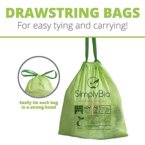 Simply Bio 3 Gallon Compostable Trash Bag with Drawstring, Heavy Duty Extra Thick 1 Mil, 50 Count, 11.36 Liter, Small Kitchen Food Scrap Trash Bags, ASTM D6400, US BPI and Europe OK Compost Certified