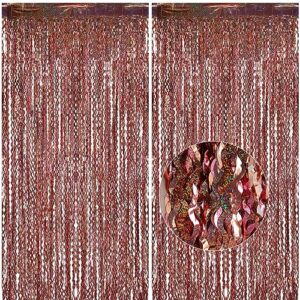 2 pack 3.3 x 6.6 ft wavy tinsel metallic foil fringe curtain, glittery backdrop streamer tinsel backdrop for sea ocean theme birthday bachelorette party photo prop decorations (rose gold)