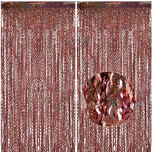 2 Pack 3.3 x 6.6 ft Wavy Tinsel Metallic Foil Fringe Curtain, Glittery Backdrop Streamer Tinsel Backdrop for Sea Ocean Theme Birthday Bachelorette Party Photo Prop Decorations (Rose Gold)