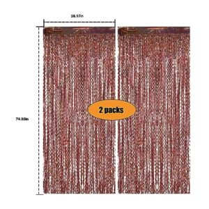 2 Pack 3.3 x 6.6 ft Wavy Tinsel Metallic Foil Fringe Curtain, Glittery Backdrop Streamer Tinsel Backdrop for Sea Ocean Theme Birthday Bachelorette Party Photo Prop Decorations (Rose Gold)