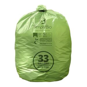 simply bio 33 gallon compostable trash bag with flat top, heavy duty extra thick 1.57 mil, 30 count, 124.92 liter, large lawn leaf yard waste bag, astm d6400, us bpi and europe ok compost certified