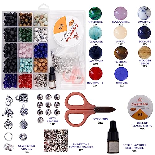 Artcie-Kraftcie - Crystal Gemstone Kit for Jewelry Making - Colorful 8mm Round Crystals and Stone Beads for Making Bracelet Jewelry Set - Volcano Stone Essential Oil Diffusiuon - Bracelets Making Kit