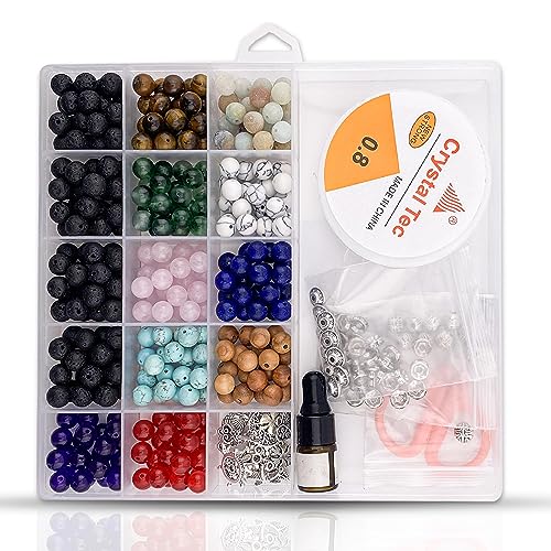 Artcie-Kraftcie - Crystal Gemstone Kit for Jewelry Making - Colorful 8mm Round Crystals and Stone Beads for Making Bracelet Jewelry Set - Volcano Stone Essential Oil Diffusiuon - Bracelets Making Kit