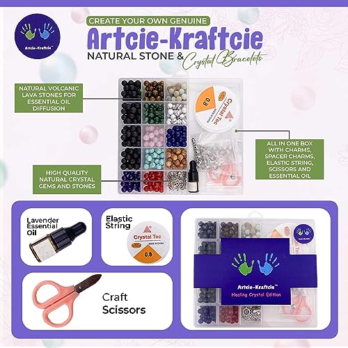 Artcie-Kraftcie - Crystal Gemstone Kit for Jewelry Making - Colorful 8mm Round Crystals and Stone Beads for Making Bracelet Jewelry Set - Volcano Stone Essential Oil Diffusiuon - Bracelets Making Kit