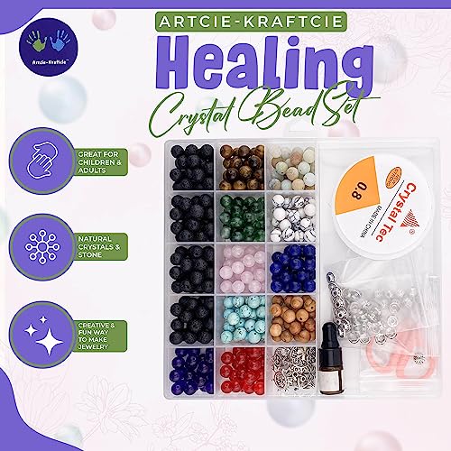 Artcie-Kraftcie - Crystal Gemstone Kit for Jewelry Making - Colorful 8mm Round Crystals and Stone Beads for Making Bracelet Jewelry Set - Volcano Stone Essential Oil Diffusiuon - Bracelets Making Kit