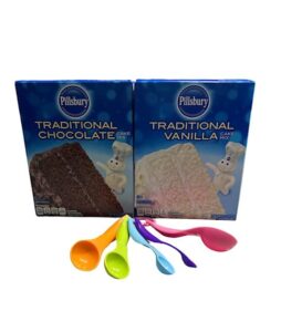 pillsbury 2 pack traditional cake mix, chocolate and vanilla mix cake with measuring spoons.