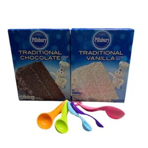 Pillsbury 2 PACK Traditional Cake Mix, Chocolate and Vanilla Mix Cake With Measuring Spoons.