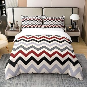 geometric 100% natural cotton duvet cover,zig zag lines bedding set for kids boys girls,black red grey geometry stripes comforter cover,abstract lines modern art duvet insert with 1 pillowcase,twin