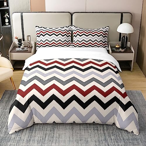 Geometric 100% Natural Cotton Duvet Cover,Zig Zag Lines Bedding Set for Kids Boys Girls,Black Red Grey Geometry Stripes Comforter Cover,Abstract Lines Modern Art Duvet Insert with 1 Pillowcase,Twin