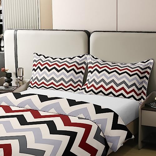 Geometric 100% Natural Cotton Duvet Cover,Zig Zag Lines Bedding Set for Kids Boys Girls,Black Red Grey Geometry Stripes Comforter Cover,Abstract Lines Modern Art Duvet Insert with 1 Pillowcase,Twin