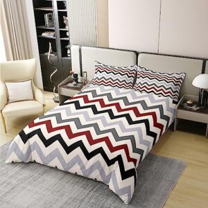 Geometric 100% Natural Cotton Duvet Cover,Zig Zag Lines Bedding Set for Kids Boys Girls,Black Red Grey Geometry Stripes Comforter Cover,Abstract Lines Modern Art Duvet Insert with 1 Pillowcase,Twin