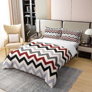 Geometric 100% Natural Cotton Duvet Cover,Zig Zag Lines Bedding Set for Kids Boys Girls,Black Red Grey Geometry Stripes Comforter Cover,Abstract Lines Modern Art Duvet Insert with 1 Pillowcase,Twin