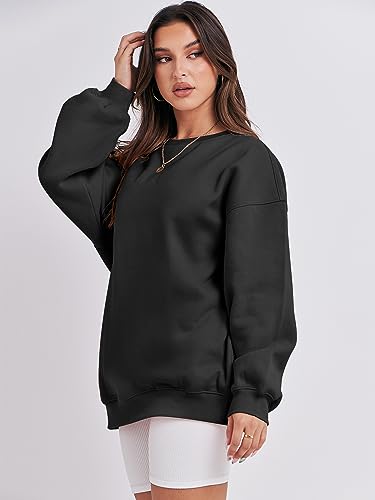 Caracilia Womens Oversized Sweatshirts Cute Pullover Long Sleeve Dressy Casual Top Comfy Hoodie Fall Winter Lightweight Round Neck Fleece Loose Fit Sweatshirt Y2K Clothes A1019heise-L Black