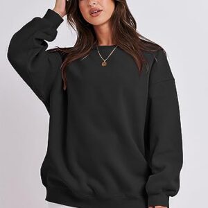 Caracilia Womens Oversized Sweatshirts Cute Pullover Long Sleeve Dressy Casual Top Comfy Hoodie Fall Winter Lightweight Round Neck Fleece Loose Fit Sweatshirt Y2K Clothes A1019heise-L Black