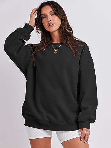 Caracilia Womens Oversized Sweatshirts Cute Pullover Long Sleeve Dressy Casual Top Comfy Hoodie Fall Winter Lightweight Round Neck Fleece Loose Fit Sweatshirt Y2K Clothes A1019heise-L Black