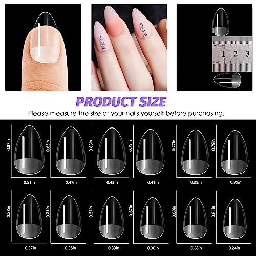 240pcs Short Almond Nail Tips,Almond Nails Pre-shaped Half Matte False Nail,Tip Kit for Soak Off Nail Extensions for Home Salons DIY Nail Art,Soft Gel Nail Tips,(12size)