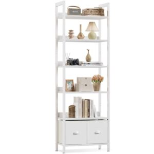 furologee white 6 tier bookshelf with drawers, tall 71" bookcase with shelves, modern wood and metal book shelf storage organizer, display free standing shelf unit for bedroom, living room, office