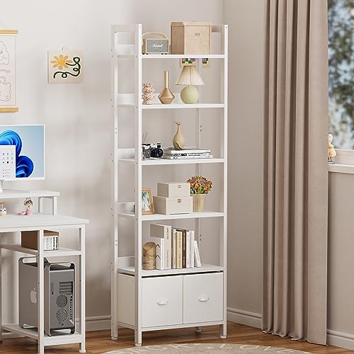 Furologee White 6 Tier Bookshelf with Drawers, Tall 71" Bookcase with Shelves, Modern Wood and Metal Book Shelf Storage Organizer, Display Free Standing Shelf Unit for Bedroom, Living Room, Office