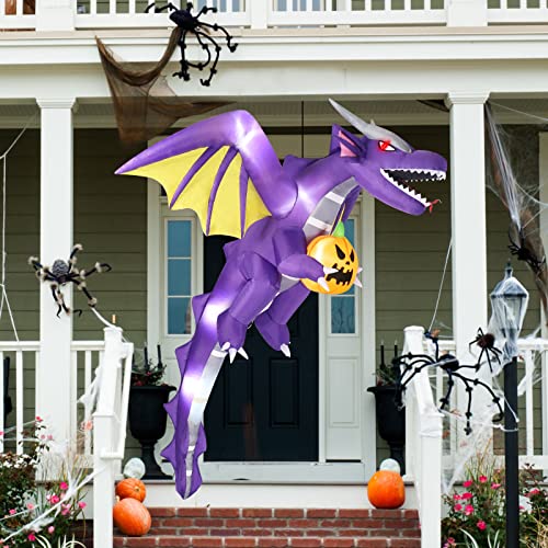 7 FT Tall Hanging Inflatable Halloween Decorations Outdoor, Flying Dragon Holding Pumpkin Halloween Inflatables Build-in LEDs, Halloween Blow Up Yard Decorations for Tree Porch Yard Garden Outside