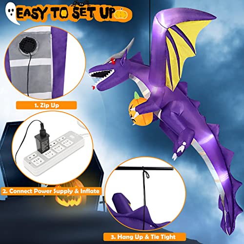 7 FT Tall Hanging Inflatable Halloween Decorations Outdoor, Flying Dragon Holding Pumpkin Halloween Inflatables Build-in LEDs, Halloween Blow Up Yard Decorations for Tree Porch Yard Garden Outside