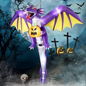 7 ft tall hanging inflatable halloween decorations outdoor, flying dragon holding pumpkin halloween inflatables build-in leds, halloween blow up yard decorations for tree porch yard garden outside