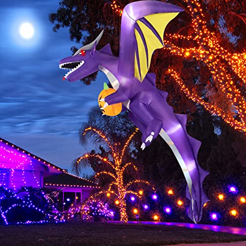 7 FT Tall Hanging Inflatable Halloween Decorations Outdoor, Flying Dragon Holding Pumpkin Halloween Inflatables Build-in LEDs, Halloween Blow Up Yard Decorations for Tree Porch Yard Garden Outside