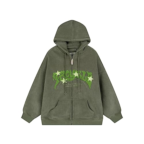 Sumleno Y2K Zip Up Hoodie Letter Print Star Graphic Grunge Hooded Corduroy Sweatshirt Jacket Oversized Retro Y2k Clothing (Green,M)