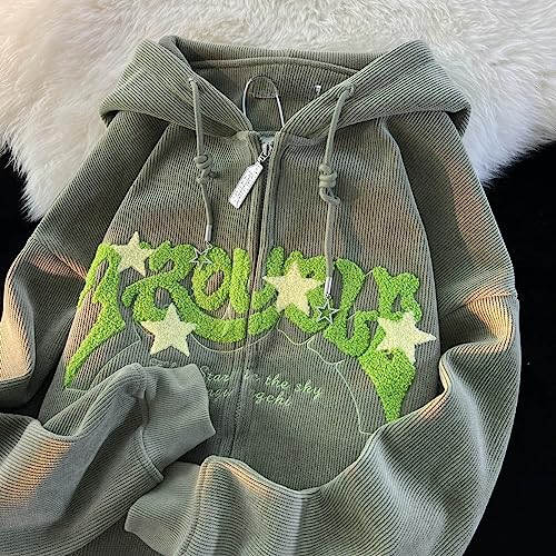 Sumleno Y2K Zip Up Hoodie Letter Print Star Graphic Grunge Hooded Corduroy Sweatshirt Jacket Oversized Retro Y2k Clothing (Green,M)