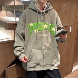 Sumleno Y2K Zip Up Hoodie Letter Print Star Graphic Grunge Hooded Corduroy Sweatshirt Jacket Oversized Retro Y2k Clothing (Green,M)