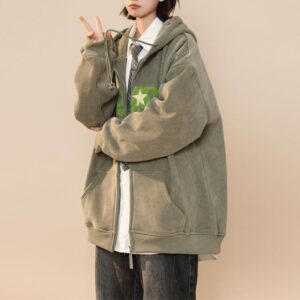 Sumleno Y2K Zip Up Hoodie Letter Print Star Graphic Grunge Hooded Corduroy Sweatshirt Jacket Oversized Retro Y2k Clothing (Green,M)