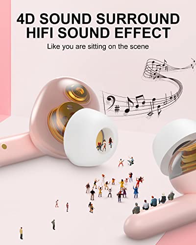 True Wireless HiFi Earbuds，Bluetooth Headphones with 4 Speakers,Hi-Res Audio 30H Playtime Earphones with LED Display Charging Case, Touch Control in-Ear Earbuds with Mic for Phones Games Sports Pink