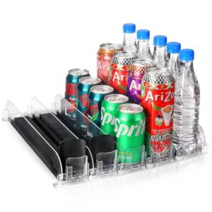 self-pushing drink organizer for fridge, refrigerator soda can dispenser with better in line plastic divider, width-adjustable beverage organizer with automatic pusher glide(14.96in-5 rows)