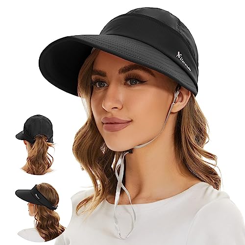 Century Star Womens Sun Hat Wide Brim UV Protection Summer Visor 2 in 1 Zip-Off Beach Hat for Women Golf Hats Outdoor Cap Black One Size