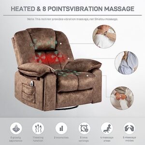 YI DANICA Rocker Recliner Chair Massage with Heated Modern Ergonomic Lounge 360 Degree Swivel Single Sofa Seat Living Room Lounge High-Resilience Sponge Filling USB Charge Port