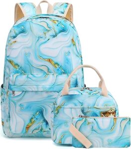school backpack girls blue marble bookbag teens water-resistant schoolbag kids insulation lunch bag and pencil case