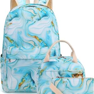 School Backpack Girls Blue Marble Bookbag Teens Water-resistant Schoolbag Kids Insulation Lunch Bag and Pencil Case