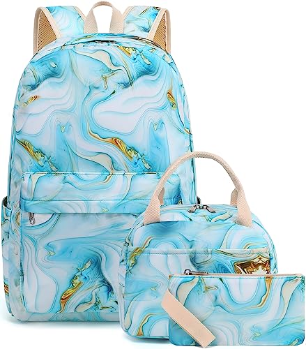 School Backpack Girls Blue Marble Bookbag Teens Water-resistant Schoolbag Kids Insulation Lunch Bag and Pencil Case