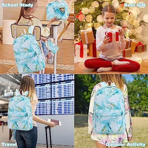 School Backpack Girls Blue Marble Bookbag Teens Water-resistant Schoolbag Kids Insulation Lunch Bag and Pencil Case