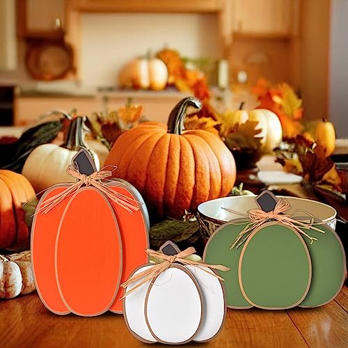 IDATOO Thanksgiving Decorations for Home, 3PCs Rustic Fall Decor Wooden Pumpkin Tabletop Sign Block Set, Autumn Tiered Tray Décor for Halloween Farmhouse Harvest Mantel Spice Table Centerpiece (3 pcs pumpkin)