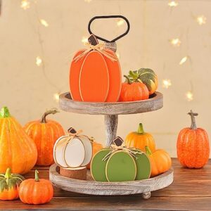 IDATOO Thanksgiving Decorations for Home, 3PCs Rustic Fall Decor Wooden Pumpkin Tabletop Sign Block Set, Autumn Tiered Tray Décor for Halloween Farmhouse Harvest Mantel Spice Table Centerpiece (3 pcs pumpkin)